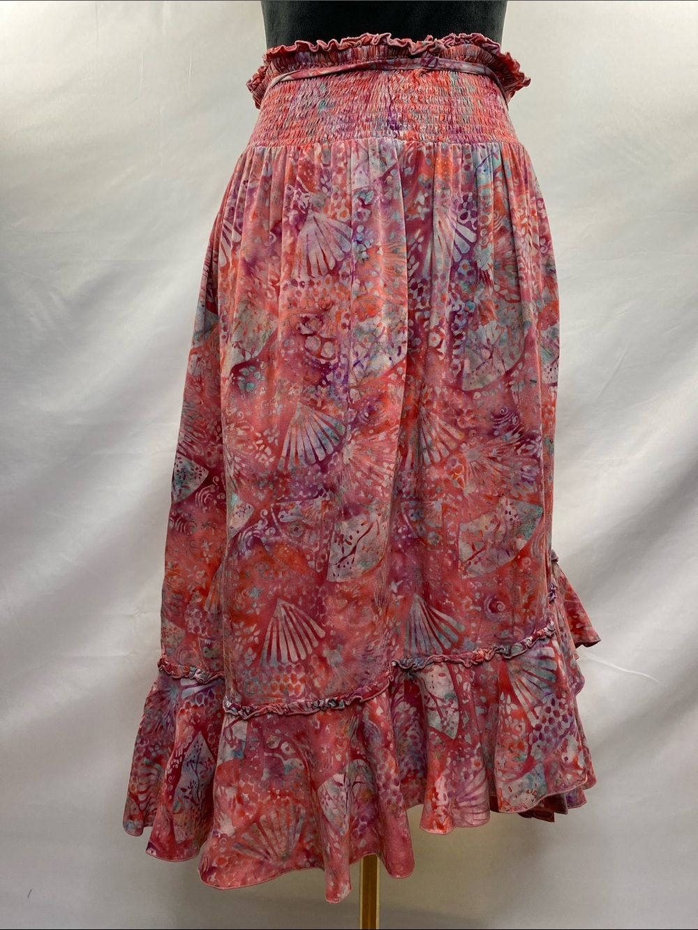 Nomadic Traders Boho Batik Skirt / Halter Dress Pink Coral Smocked Ruffle L / XL